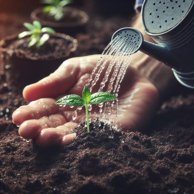 Una mano plantando una nueva planta en el suelo con riego