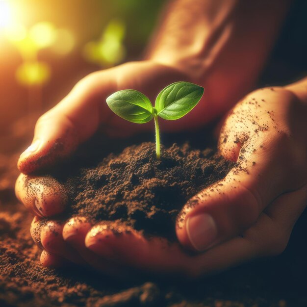 Una mano plantando una nueva planta en el suelo con riego