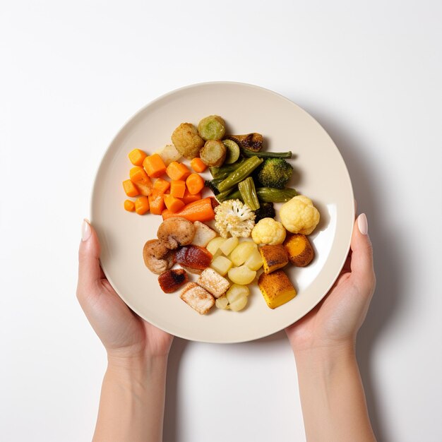 mano con un plato lleno de verduras