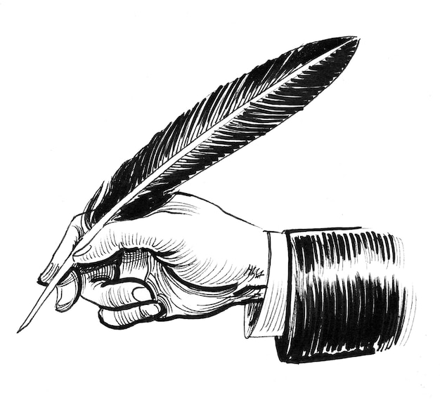 Mano con una pluma de ave. Dibujo a tinta en blanco y negro