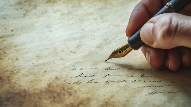 Foto una mano con una pluma estilográfica escribe en un viejo pedazo de papel