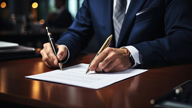 Una mano con una pluma firma una hoja de papel un documento importante para firmar un acuerdo