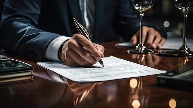 Una mano con una pluma firma una hoja de papel un documento importante para firmar