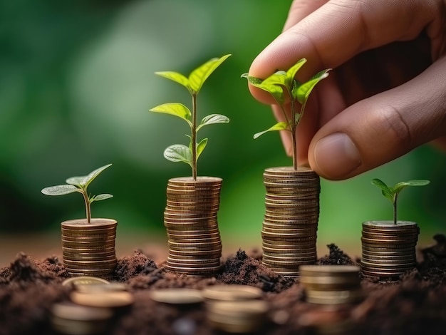 Una mano pone monedas en una pila con una planta que crece con dinero