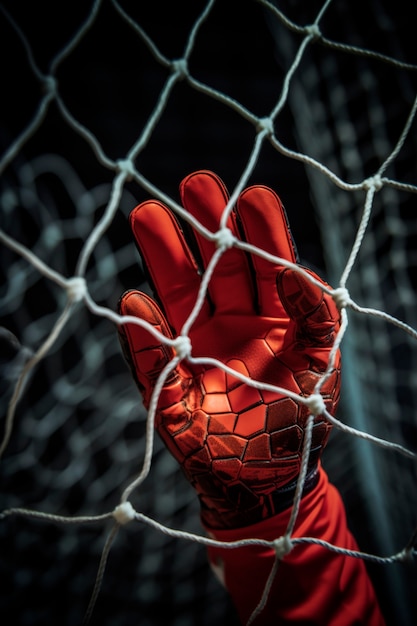 Foto mano del portero del juego de fútbol con guante en la valla