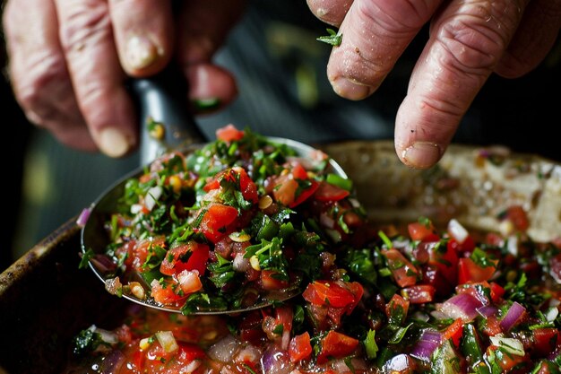 Foto una mano preparando una porción de salsa picante