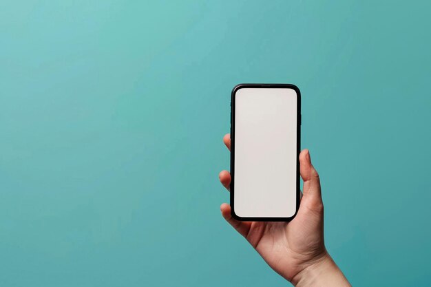 Una mano presenta un teléfono inteligente con una pantalla en blanco contra un simple fondo azul