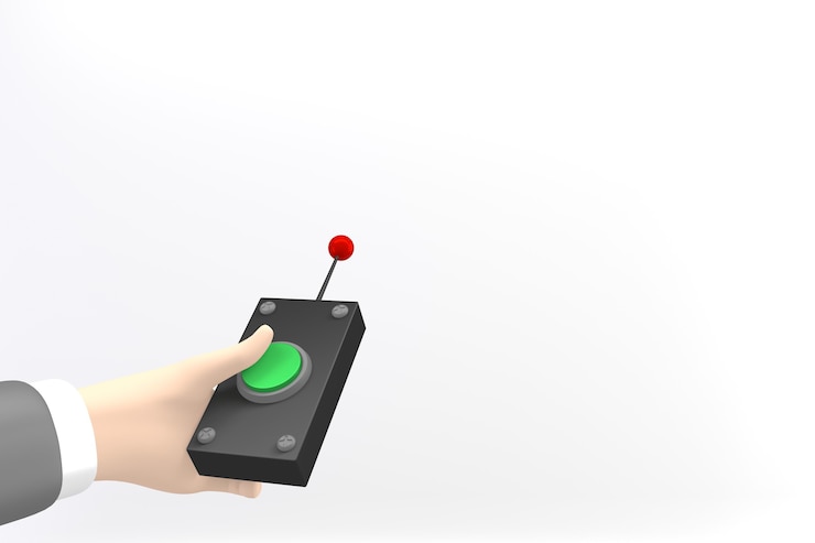 Foto mano presionando el botón del control remoto. representación 3d