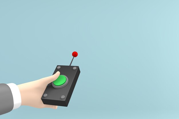 Mano presionando el botón del control remoto. Representación 3D
