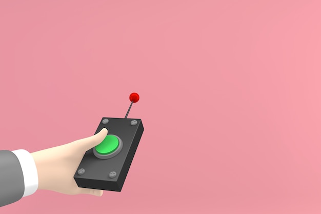 Mano presionando el botón del control remoto. Representación 3D