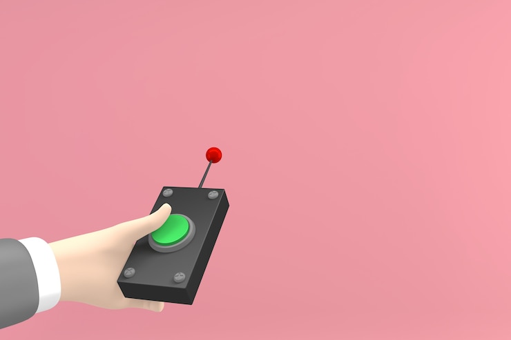 Foto mano presionando el botón del control remoto. representación 3d
