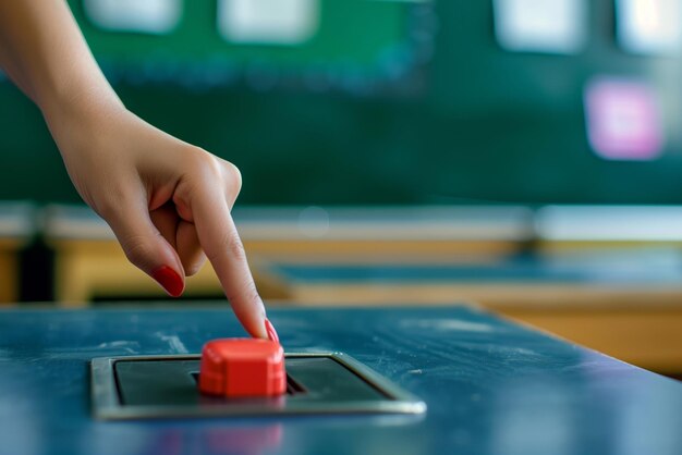 La mano presionando el botón rojo en el aula