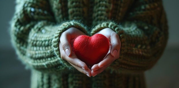 Mano de primer plano sosteniendo un concepto de corazón rojo en fondo verde