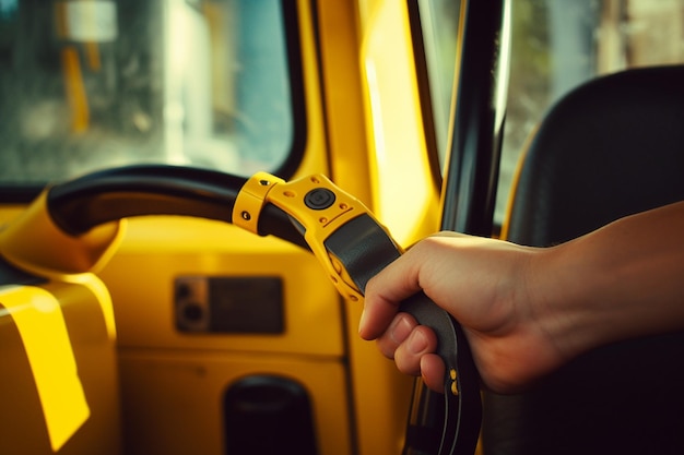 Foto mano de primer plano sosteniendo el mango amarillo en el autobús