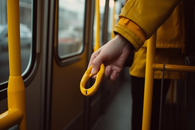 Mano de primer plano sosteniendo el mango amarillo en el autobús