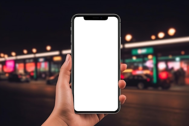 Mano de primer plano sosteniendo un teléfono inteligente con una maqueta de pantalla vacía en la ciudad de media noche con luces de neón