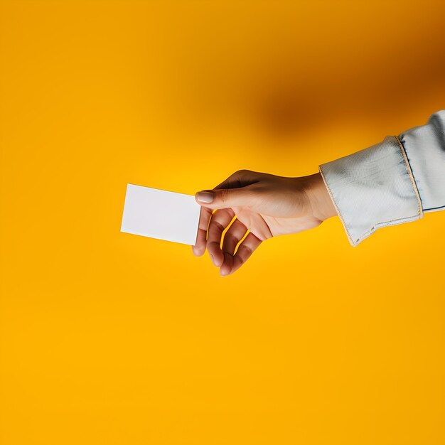 Mano profesional sosteniendo una tarjeta de visita en blanco contra un fondo amarillo vibrante Perfecto para maquetas de marca AI visual simple pero llamativa