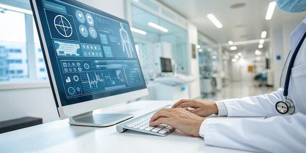 Una mano de profesionales médicos usando una interfaz de computadora contemporánea como una idea médica