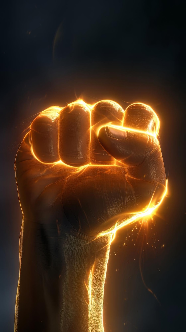 Foto una mano con un puño brillante se eleva en el aire irradiando energía y poder