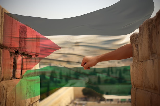 Mano en puño contra el fondo de la bandera palestina un concepto de fuerza y poder