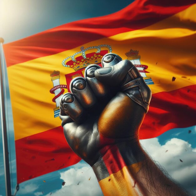 Foto una mano con un puño delante de una bandera de españa con la libertad en su dolor