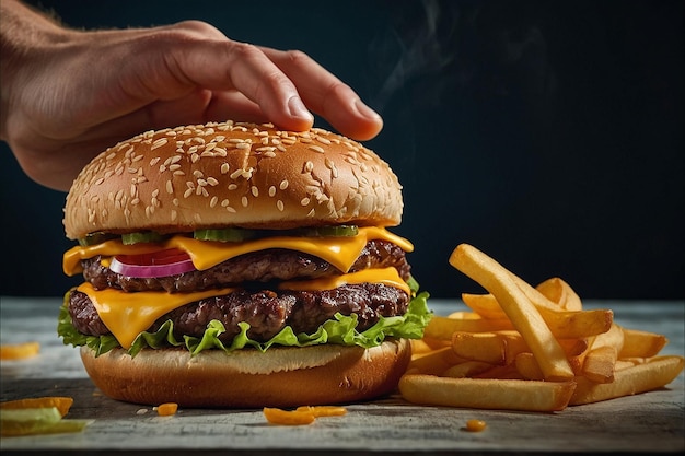 Foto una mano que alcanza una enorme hamburguesa con queso con antic