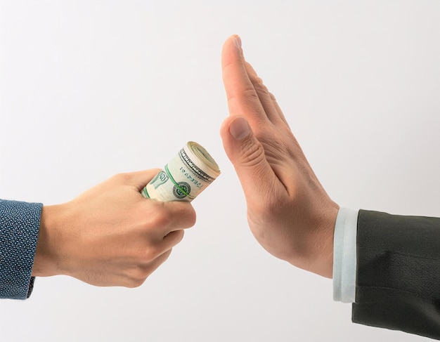 la mano que da el dinero rodado mientras que la otra mano lo rechaza con un gesto firme