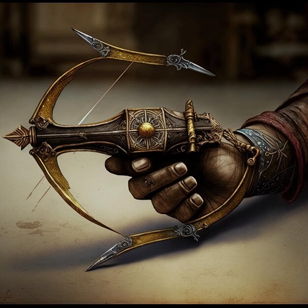 una mano que sostiene un arco y una espada que tiene un diseño de oro en él