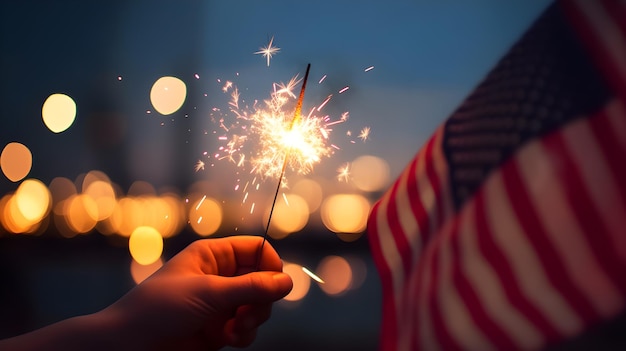 Una mano que sostiene una bengala con la bandera americana en el fondo