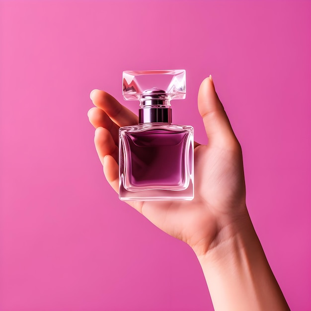 mano que sostiene la botella de perfume fondo rosa