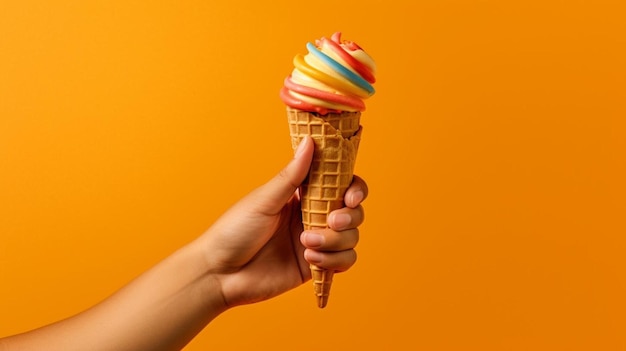 Una mano que sostiene un cono de helado que tiene la palabra helado.