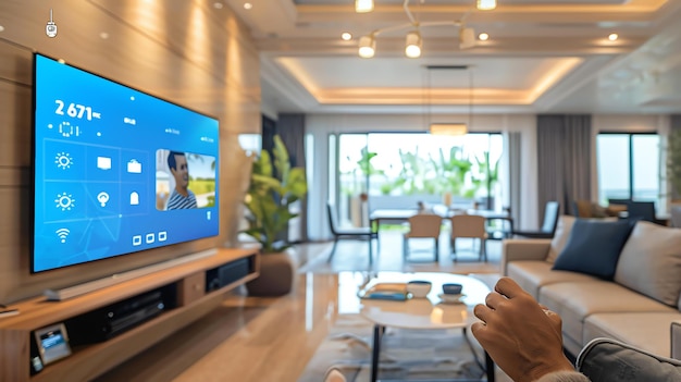 Foto una mano que sostiene un control remoto está apuntando a un televisor inteligente el televisor está mostrando una pantalla azul con varias aplicaciones y widgets