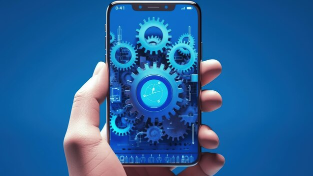 Mano que sostiene el engranaje del teléfono celular en la pantalla del teléfono celular fondo azul IA generativa