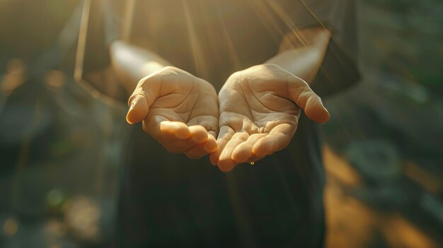 Foto una mano que sostiene la eucaristía abre las palmas en la adoración terapia eucarística bendice a dios ayudando a arrepentirse católica pascua cuaresma mente orar concepto de fondo de la religión cristiana