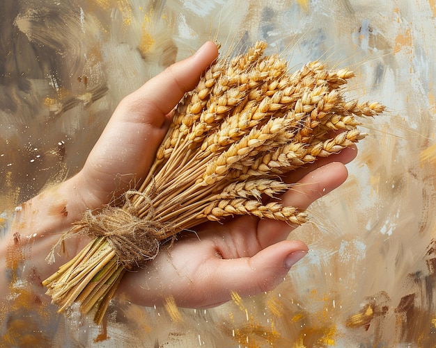 Foto la mano que sostiene un fajo de trigo cosechado