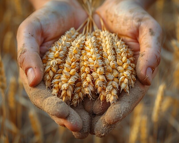 Foto la mano que sostiene un fajo de trigo cosechado