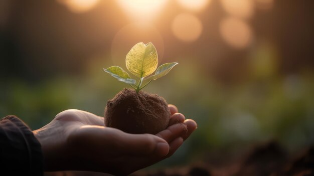 Mano que sostiene el globo con el cultivo de plantas jóvenes y el sol en el concepto de la naturaleza salvar la tierra IA generativa