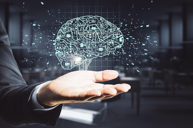 Mano que sostiene el holograma cerebral del circuito brillante