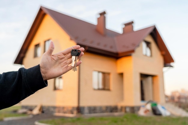 Mano que sostiene la llave frente a la casa Seguro de arrendamiento inmobiliario y concepto de compra