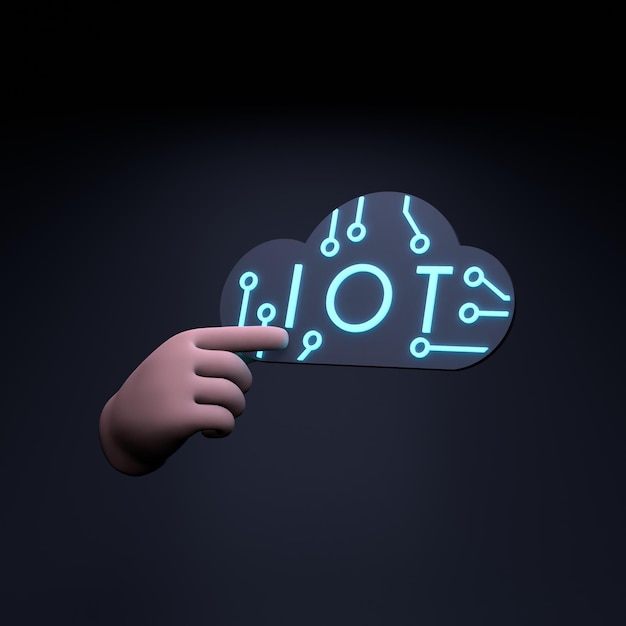 Mano que sostiene el logotipo de neón IoT Internet de cosa concepto 3d renderizar ilustración