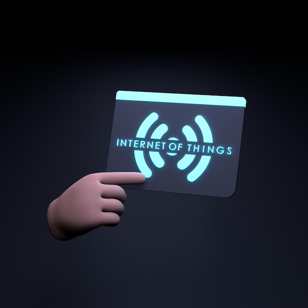 Mano que sostiene el logotipo de neón IoT Internet de cosa concepto 3d renderizar ilustración