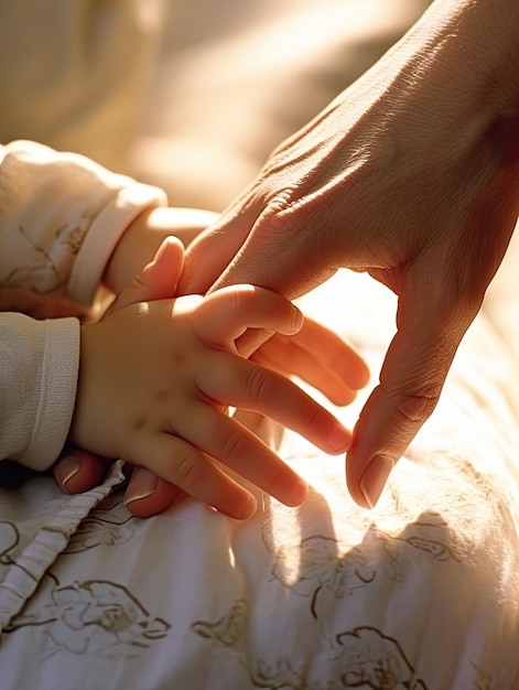 Una mano que sostiene la mano de un bebé es sostenida por una persona.