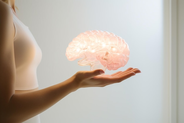 una mano que sostiene un modelo cerebral en el fondo de estilo bokeh de la habitación blanca