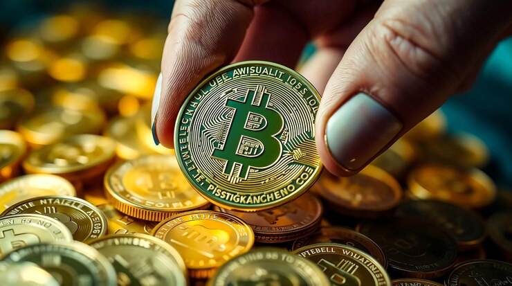 una mano que sostiene una moneda criptográfica Bitcoin