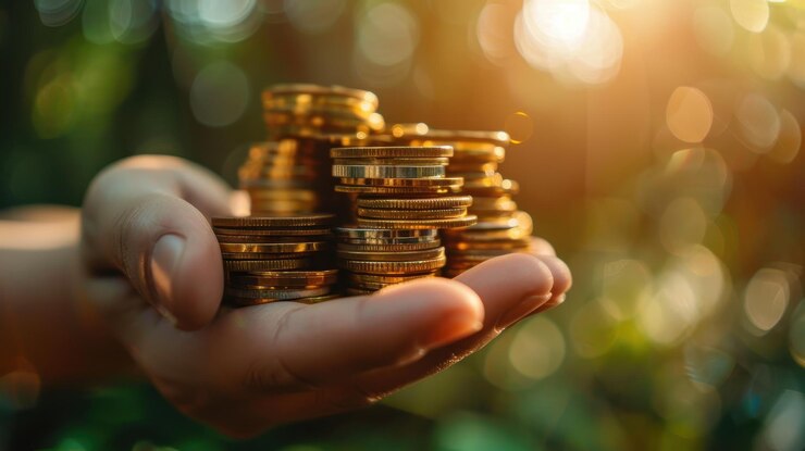 Una mano que sostiene monedas apiladas representa ahorros de riqueza y seguridad financiera