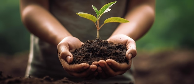 Mano que sostiene la planta joven en el concepto de fondo de naturaleza verde borroso día de la tierra ecológica