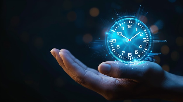 una mano que sostiene un reloj que dice la hora en él