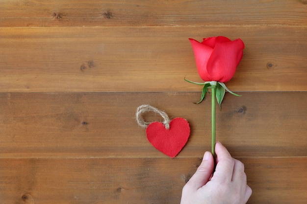 Mano que sostiene la rosa roja y la forma del corazón de la tela sobre fondo de madera