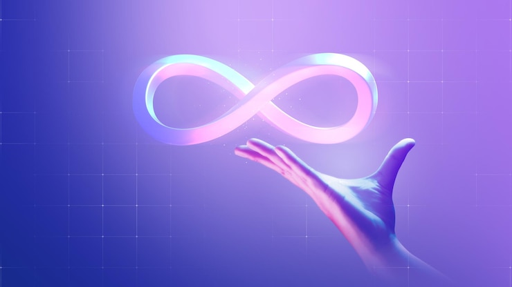 Foto mano que sostiene el signo infinito infinito de la realidad virtual metaverso innovación digital vr juego o internet futuro simulación en línea medios cibernéticos y comunicación mundial sobre el fondo de la tecnología de conexión.