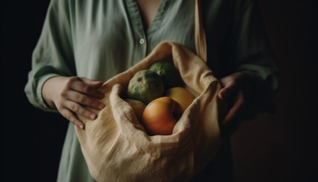 Mano que sostiene el símbolo de manzana madura de la cosecha generado por IA